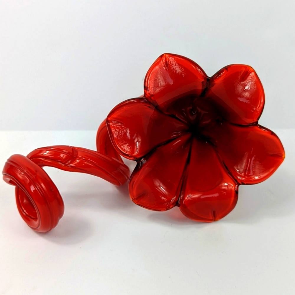 Red Hand blown Art Glass Flower With Corkscrew Stem